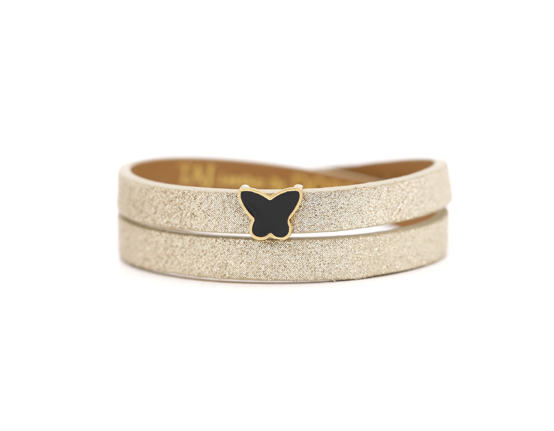 دستبند چرم و طلا پروانه مشکی