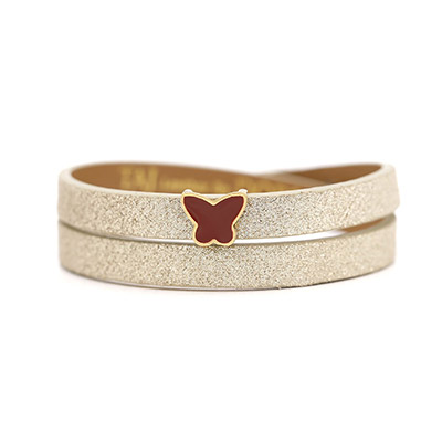دستبند چرم و طلا پروانه قرمز