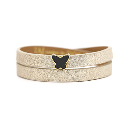 دستبند چرم و طلا پروانه مشکی