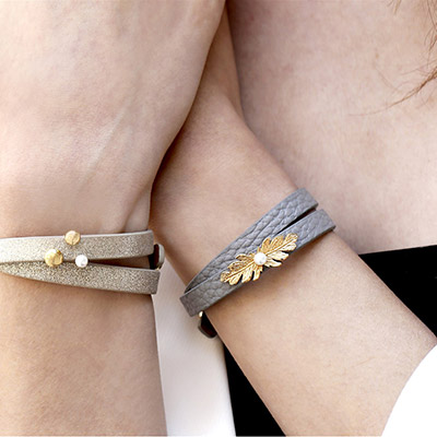 دستبند چرم و طلا زنانه برگ نیلوفر