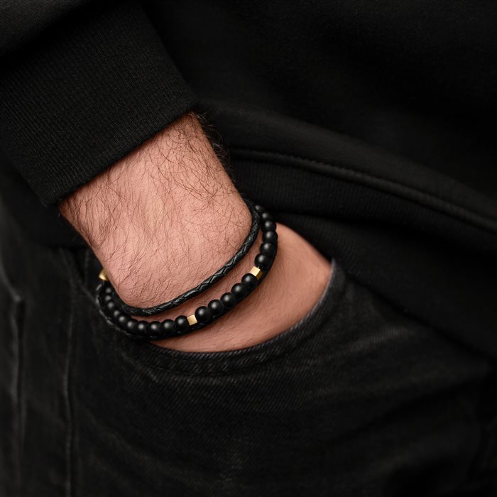دستبند چرم و طلا مردانه دو مکعب مشکی