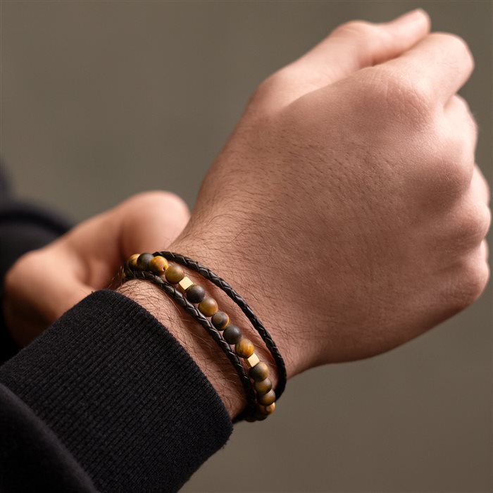 دستبند چرم و طلا مردانه دو مکعب قهوه‌ای