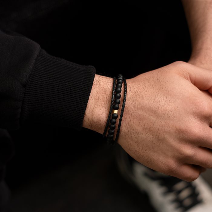 دستبند چرم و طلا مردانه تک مکعب مشکی