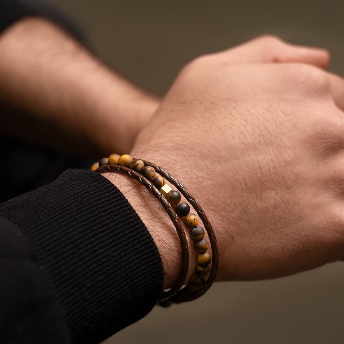 دستبند چرم و طلا مردانه تک مکعب قهوه‌ای