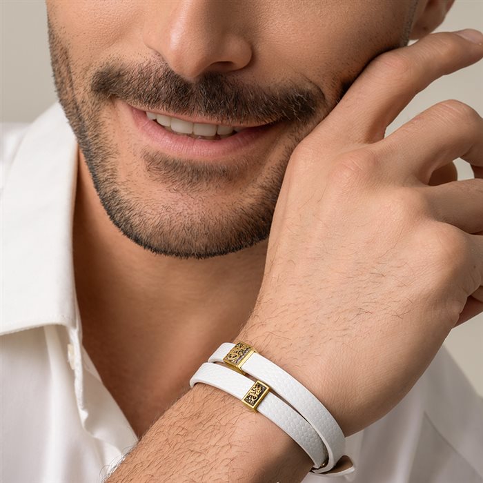 دستبند چرم و طلا زر و خط عشق مستطیل