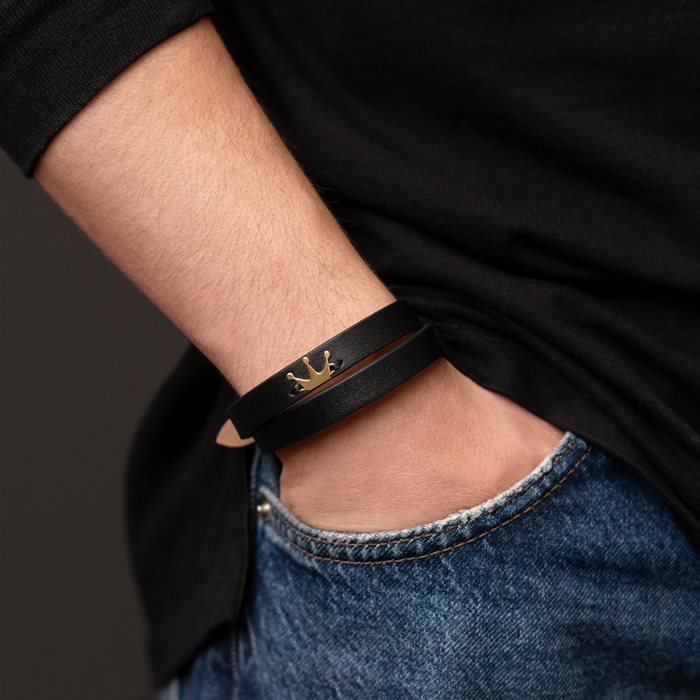 دستبند چرم و طلا مردانه تاج لیزرکات