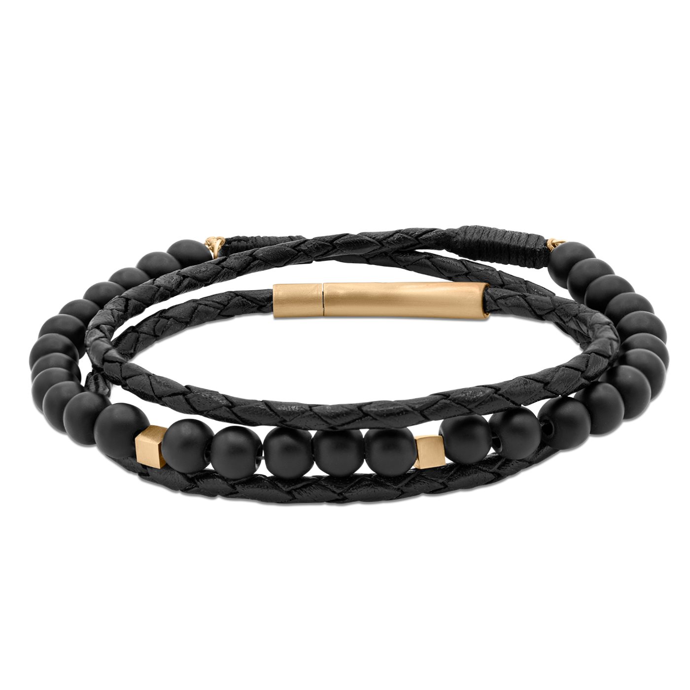 دستبند چرم و طلا مردانه دو مکعب مشکی