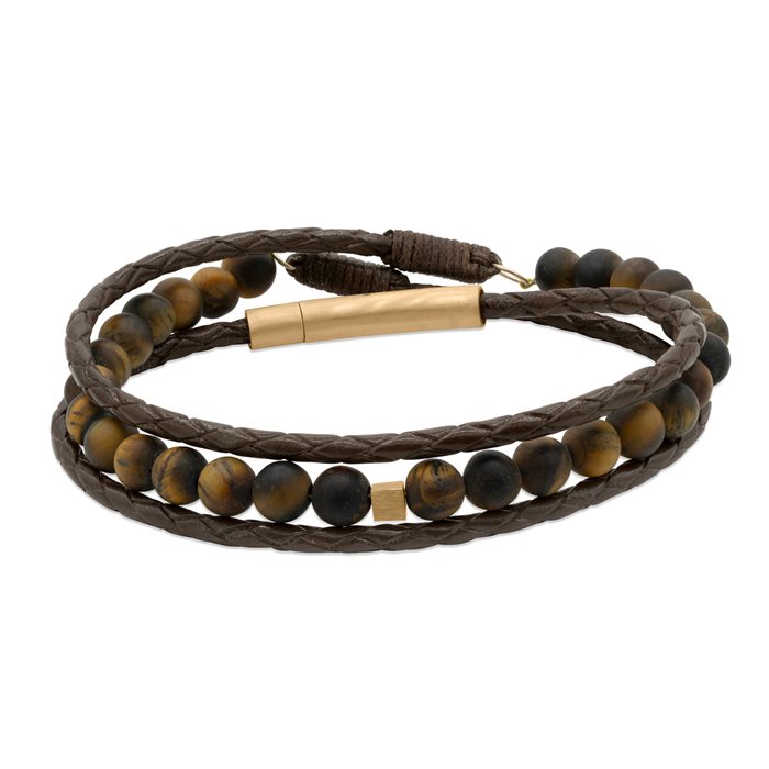 دستبند چرم و طلا مردانه تک مکعب قهوه‌ای